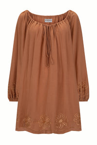 Daisy Embroidery Smock Dress - Pecan